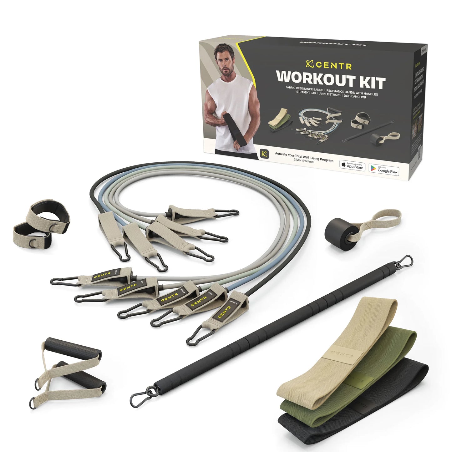 by Chris Hemsworth Home Workout Kit, Resistance Bands and Attachments, 14 Piece Set + 3-Month Membership